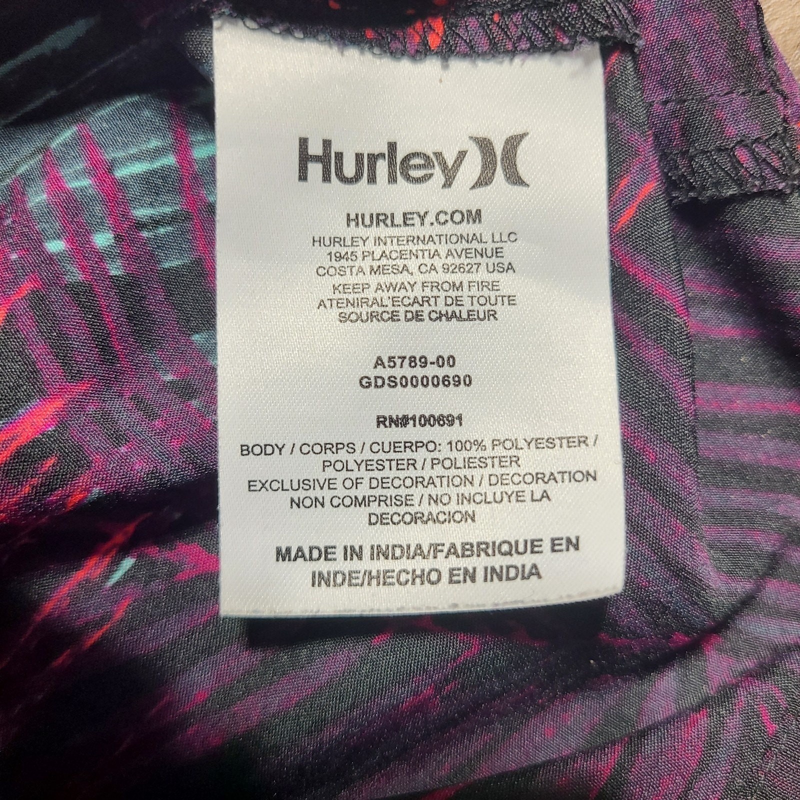 Hurley Colorful Orange Purple Green Leaves On Black Dress Women Size XL Zip Hook