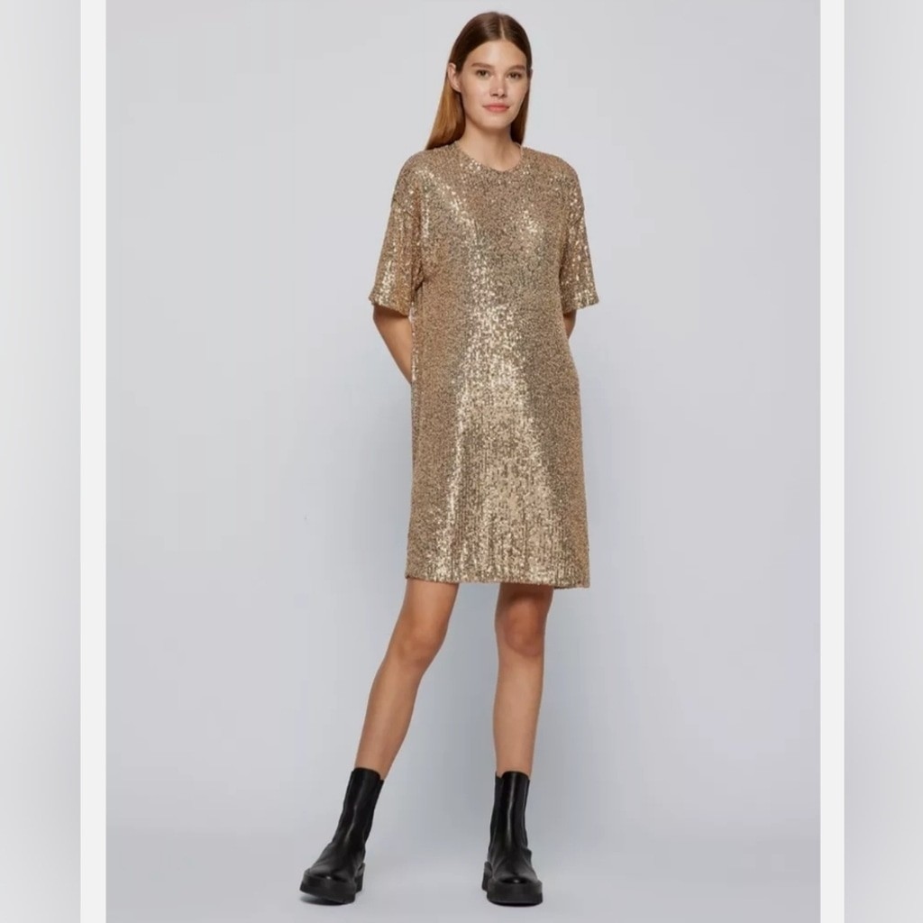 NWT Boss by Hugo Boss C Esenni Gold Sequin Mini Shift Dress Women’s Size Small