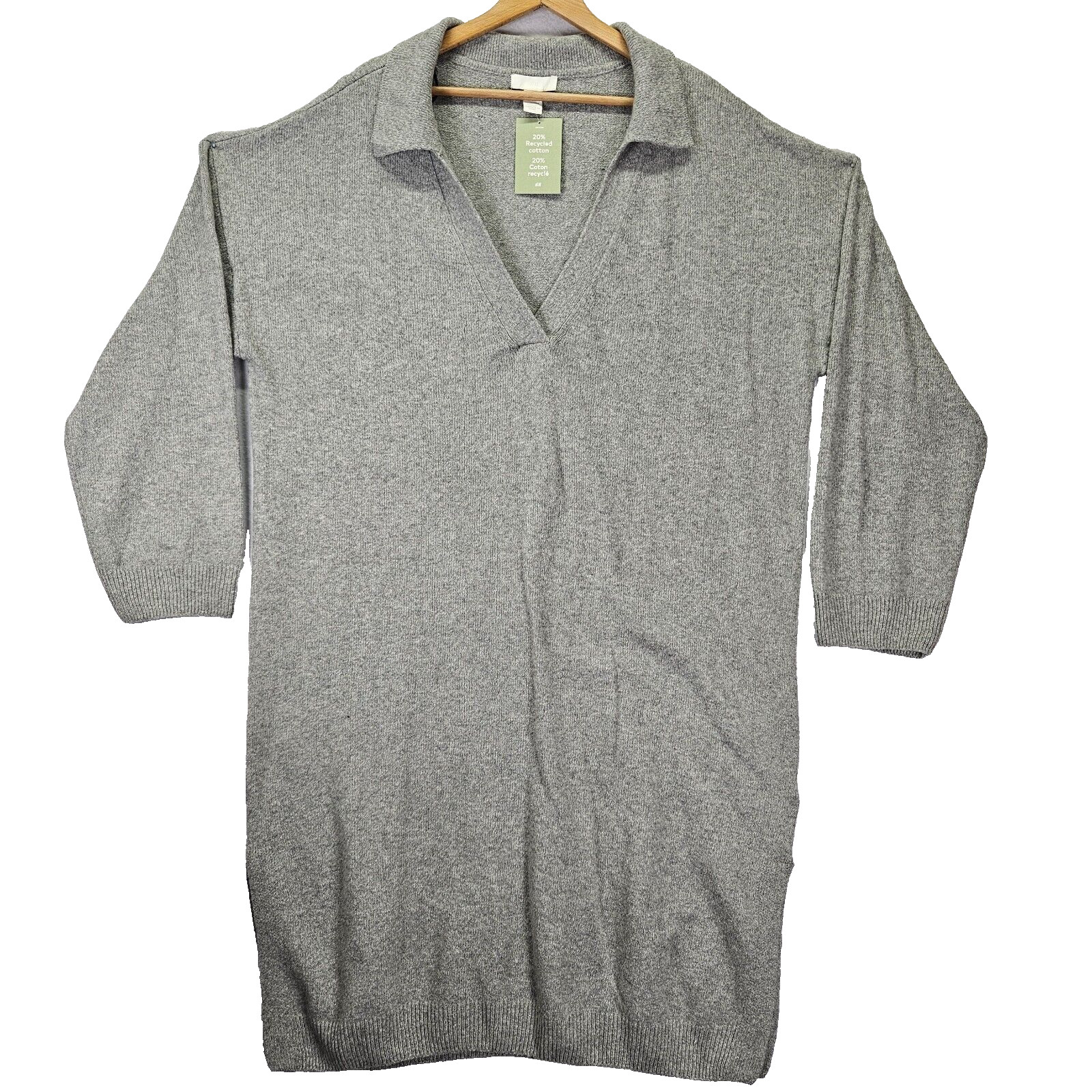 H&M Sweater Dress Plus Sz 2XL Gray Cotton Knit Long Sleeve Midi Polo V-Neck NWT
