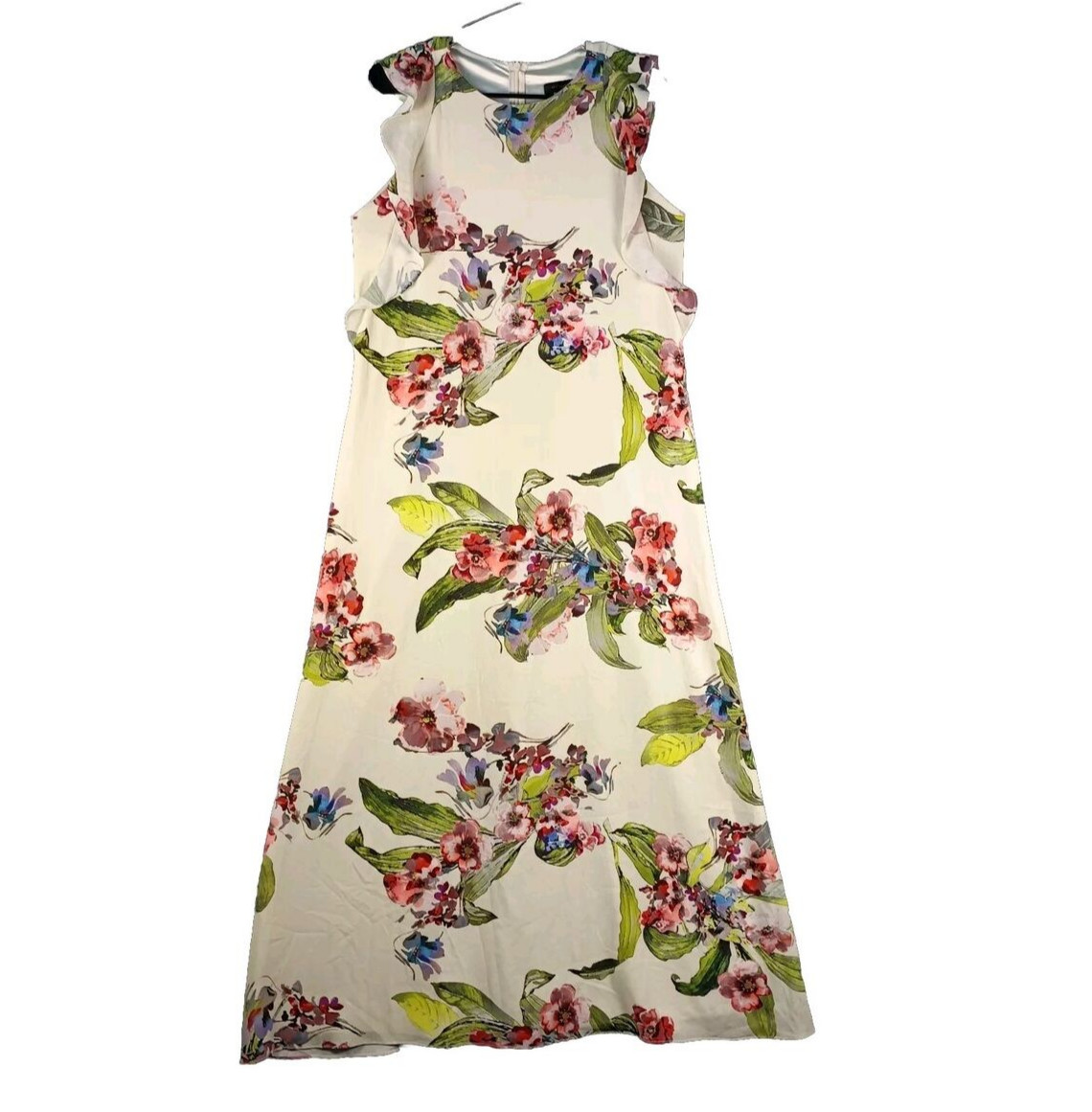 Eclipse Maxi Dress Size Medium Ivory Floral Ruffle Sleeve Sheath A Line Chiffon