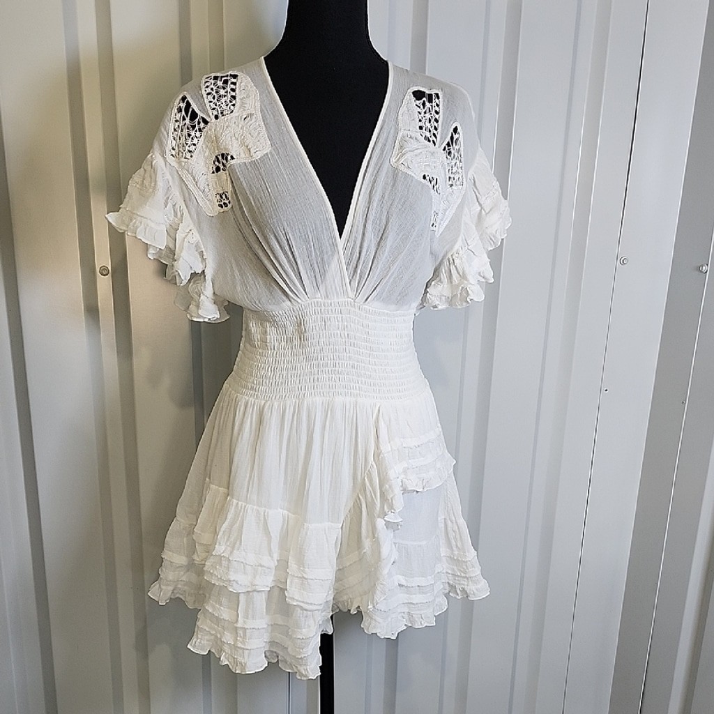 IRO Soft White Textured Cotton Smocked Waist Mini Dress Size EU 38 US 4/6