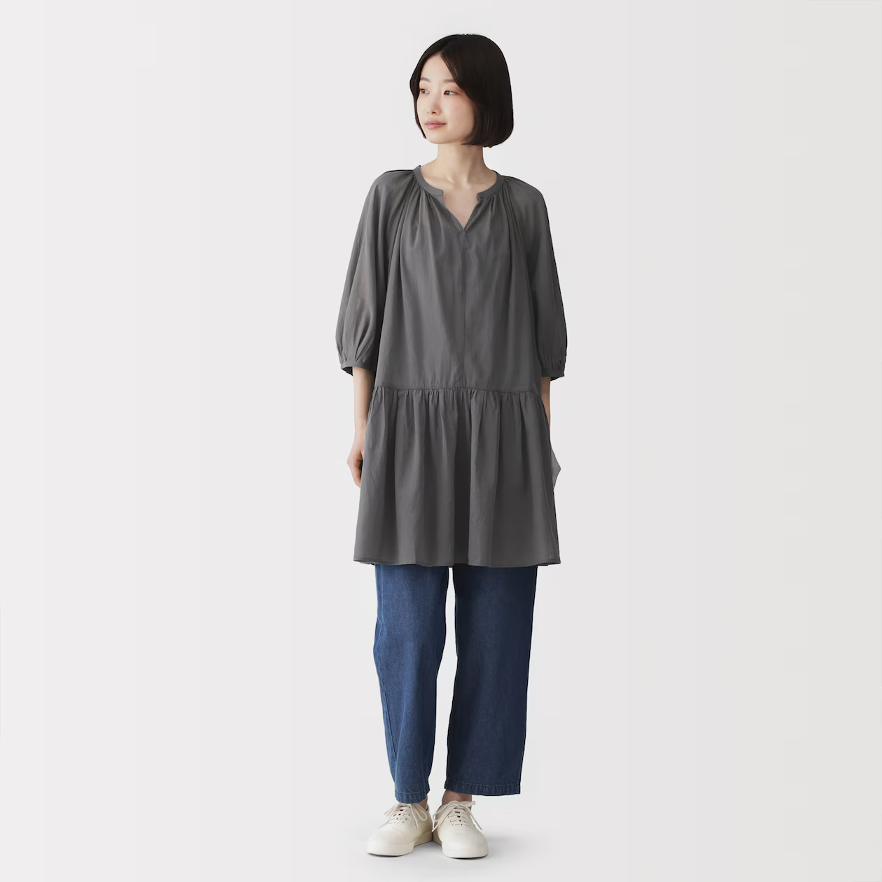 MUJI Womens 100% Organic High-Twist Cotton Sheer Tunic Dress Charcoal Gray FedEx