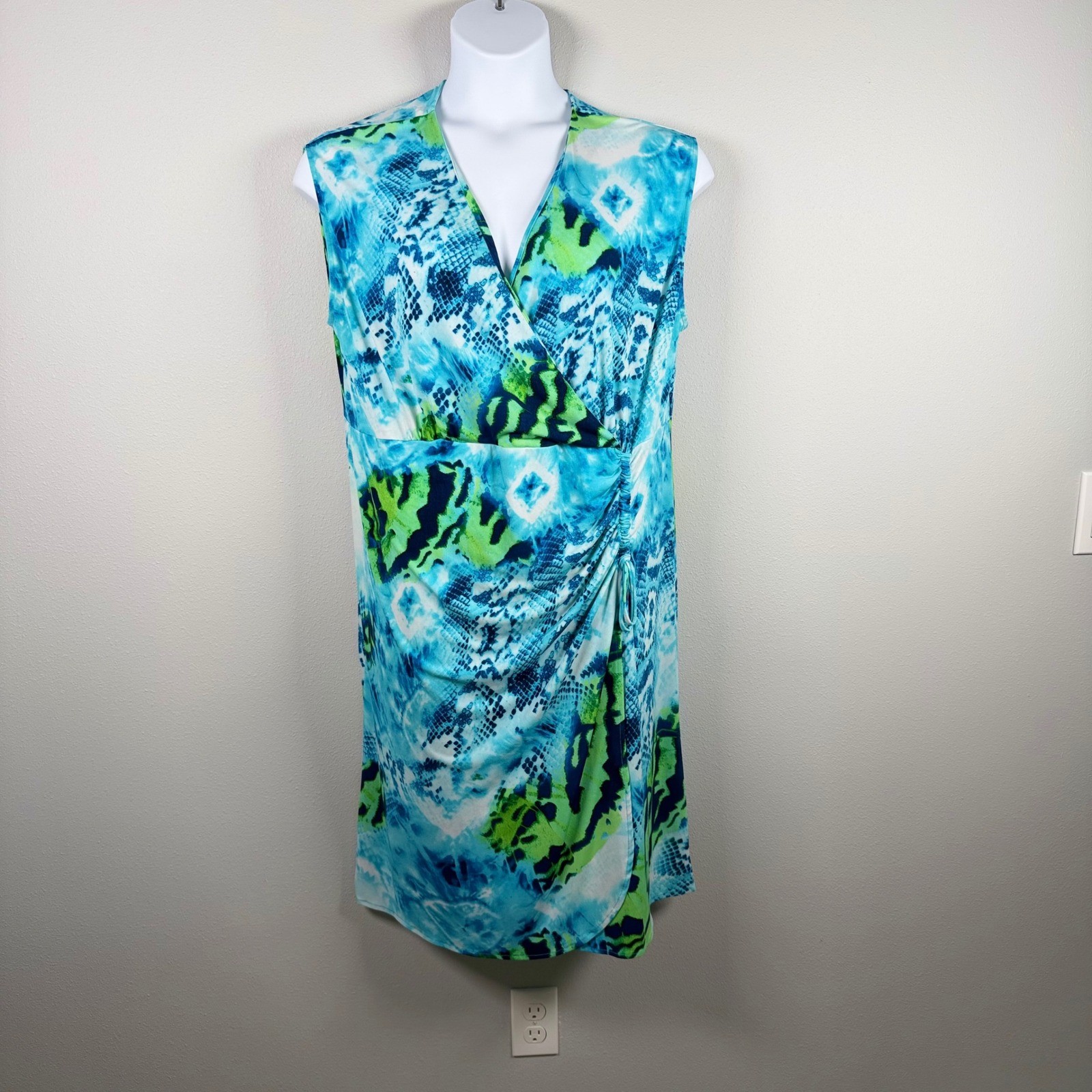 Jones New York Signature Woman Blue Green Snakeskin Faux Wrap Dress Plus 1X