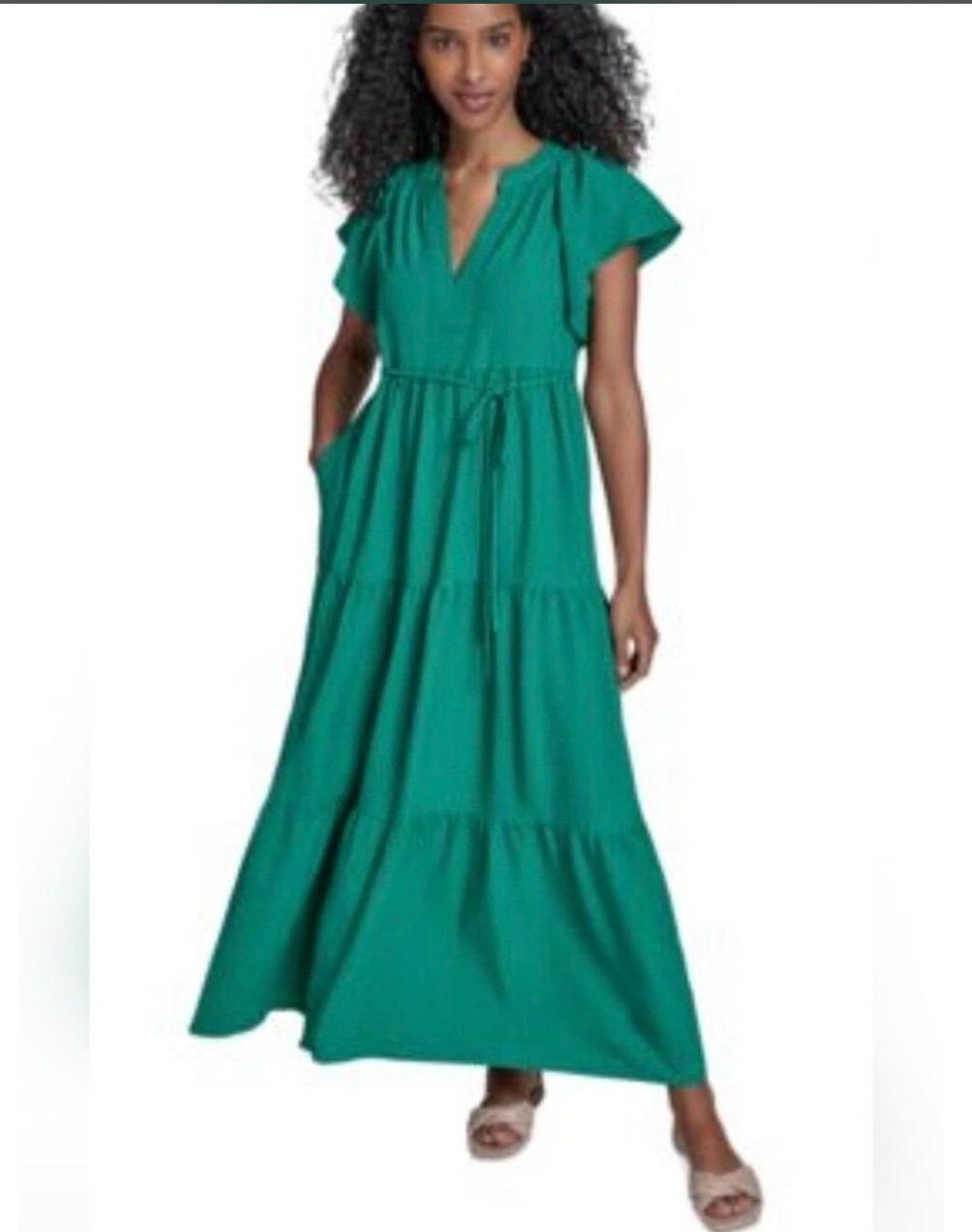 CA;VIN KLEIN Gauze Midi Dress with Pleated Tiers Split V-Neckline Women’s Sz 6