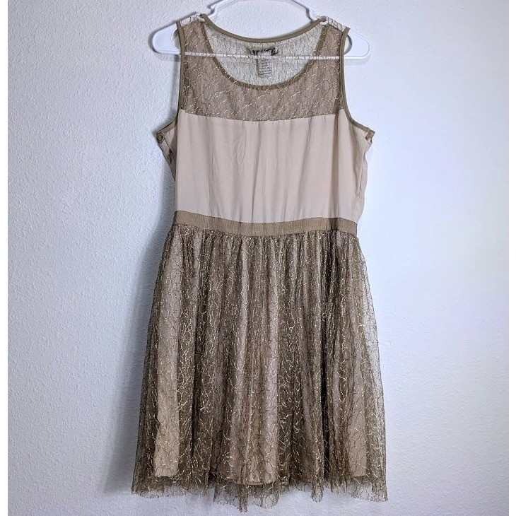 Pinky Womens Gold Sequin Lace Mesh L Fit Flare Party Dress Cream Bronze NWT