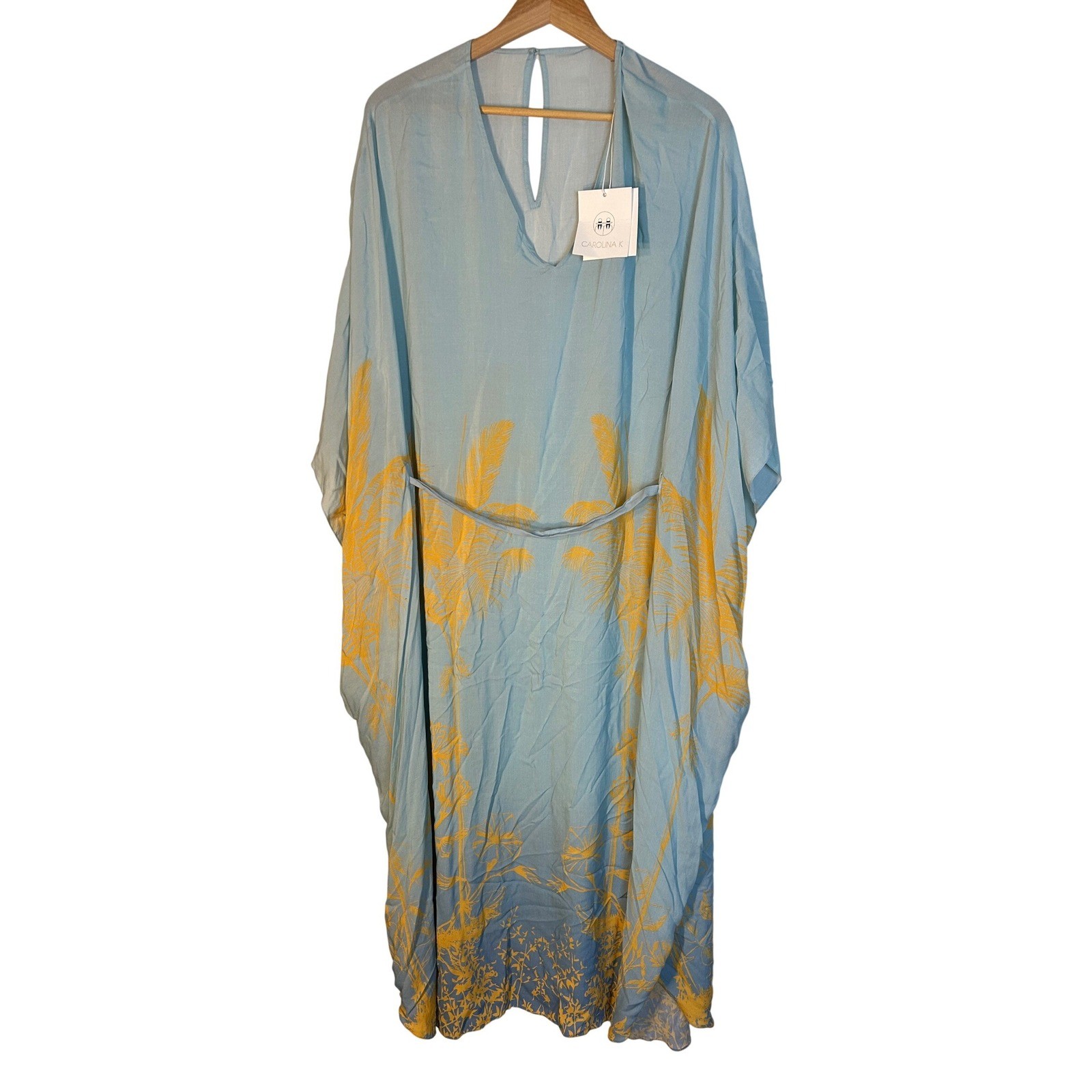Carolina K Kim Xim Kaftan Light Blue Yellow Cotton Maxi Dress XS NEW