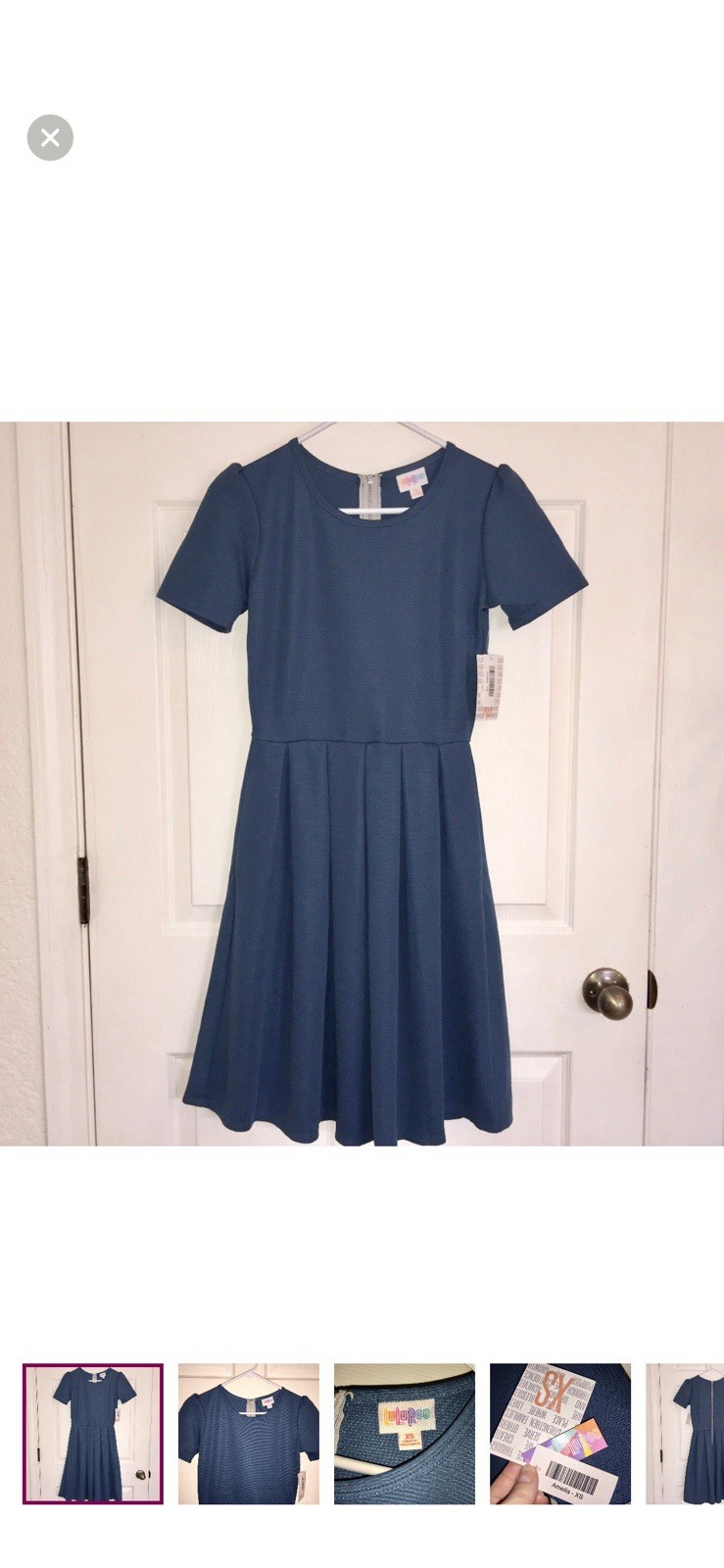 NWT LuLaRoe Amelia XS Blue Pleated Front Exposed Zipper Back Short Sleeve Midi