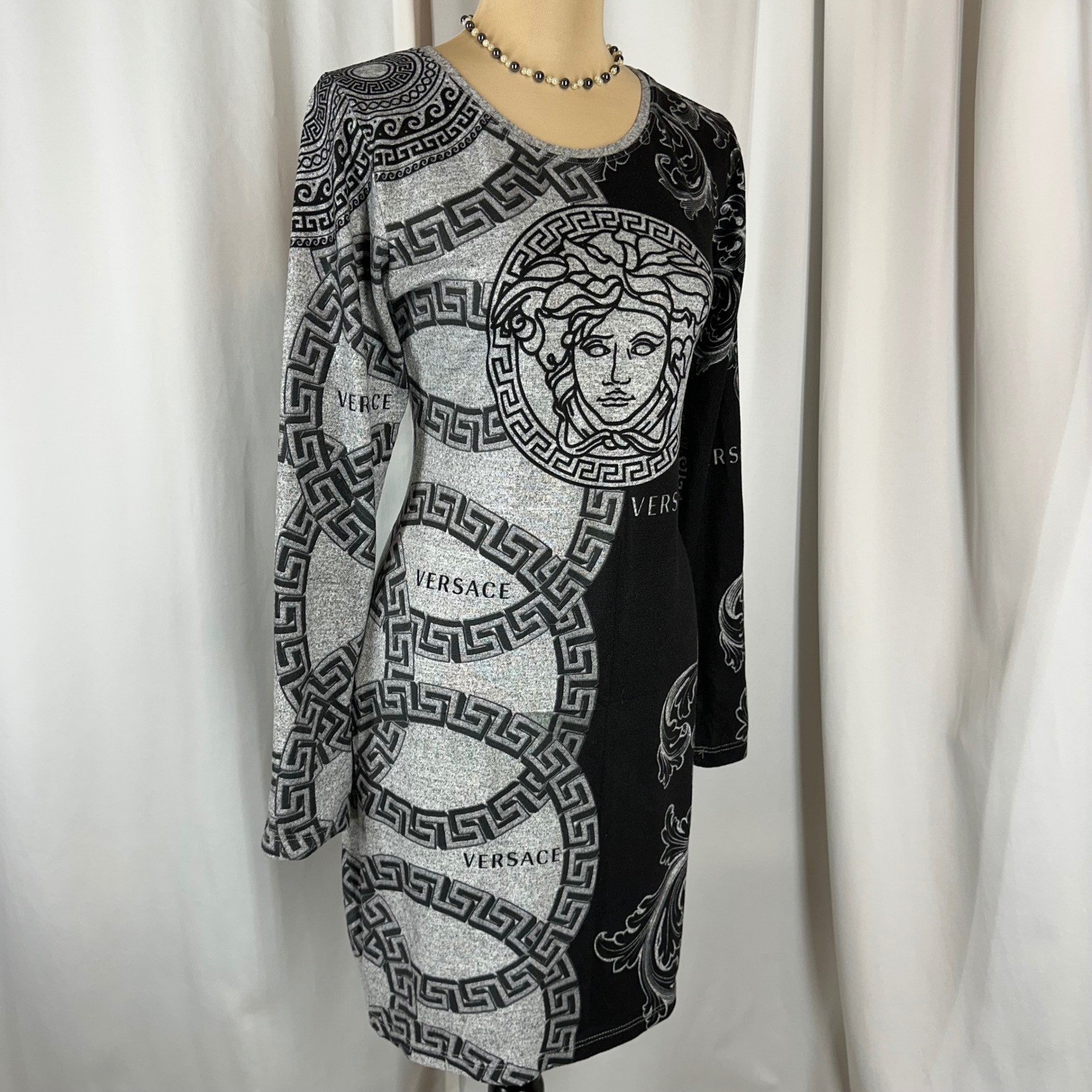 Black Gray Greek Key Medusa Style Sweater Dress Size XL Bodycon