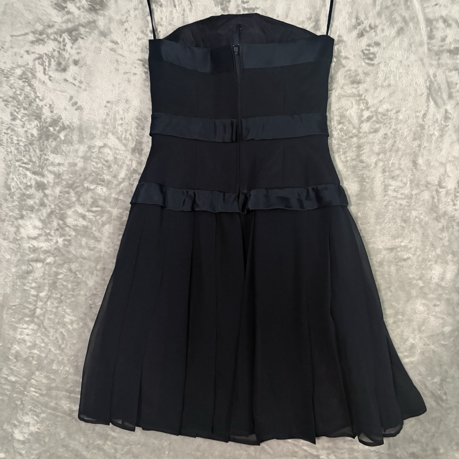 Y2k Silk Dress Navy Pleated Button & Bow 4 Kathryn Conover Chiffon Cocktail Mini
