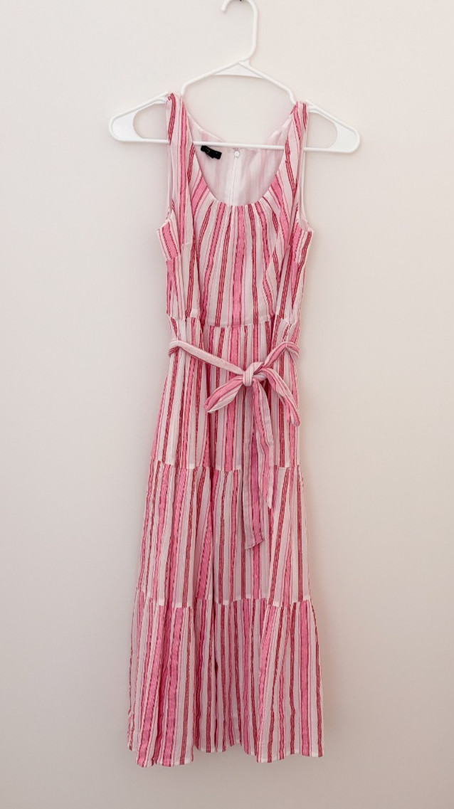 Talbots Petite 4 Pink White Stripe Cotton Tiered Midi Dress Belted Sleeveless