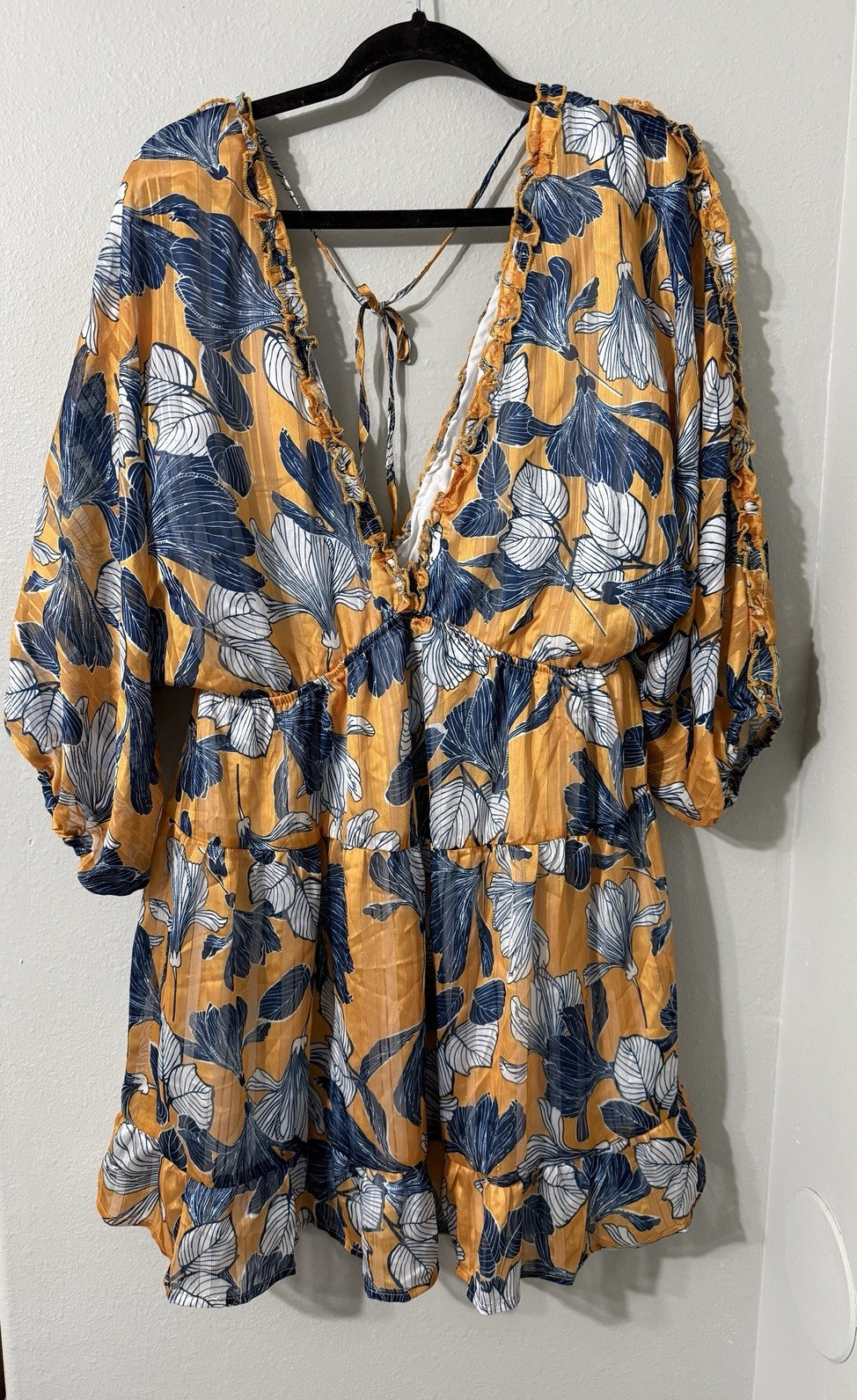 Tropical Floral V-Neck Flowy Sleeve Vacation Mini Dress Gold & Blue XL