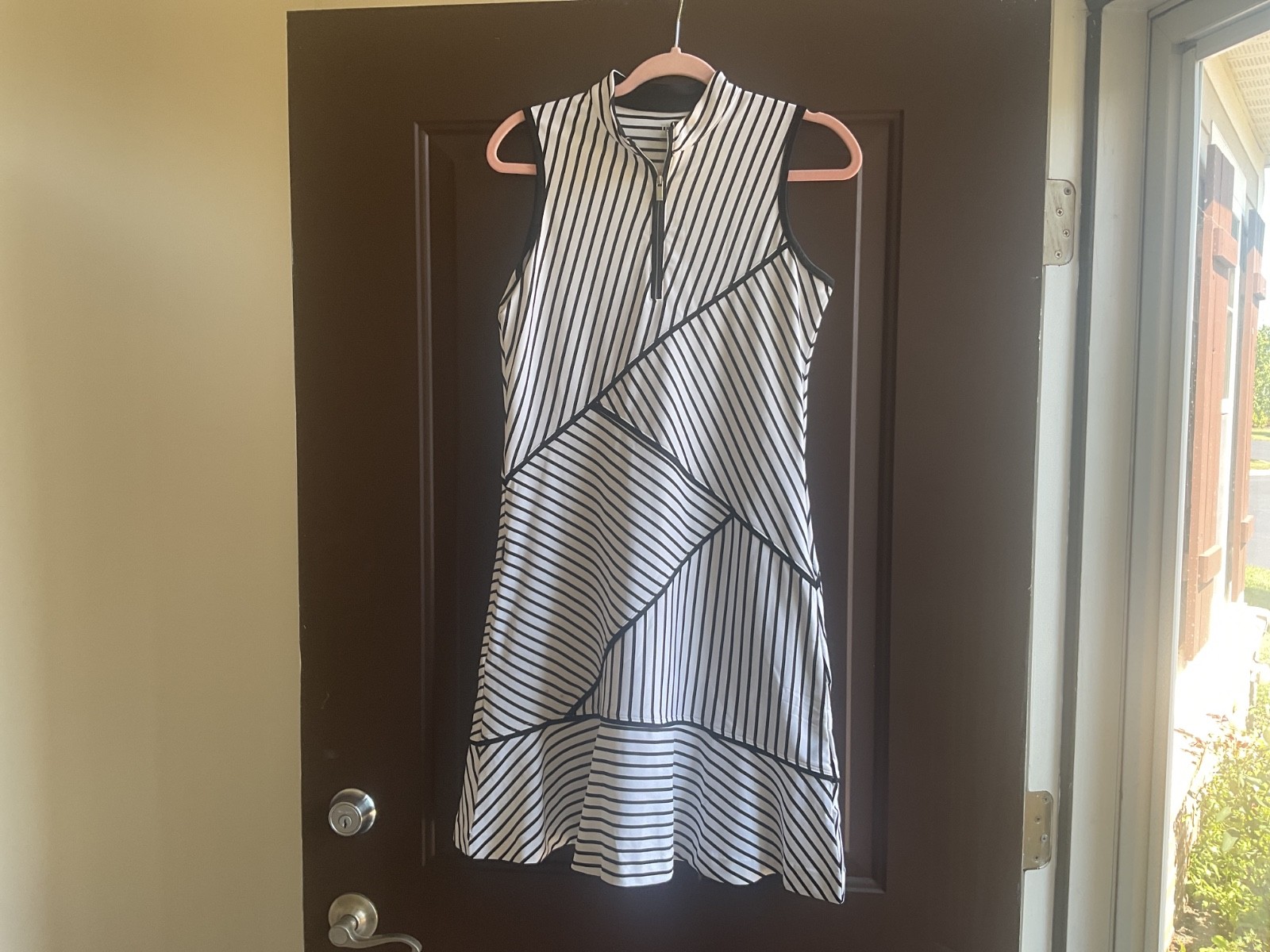 Tail Mock Neck Zip Lines Black White Stripe Dress Women’s Small