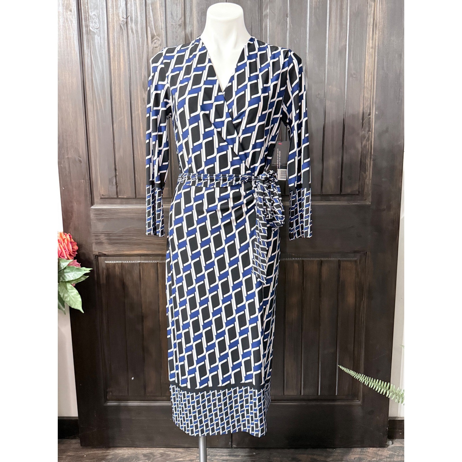 Renee C Blue Black Geometric Link Faux Wrap Midi Dress Womens Large NWT USA