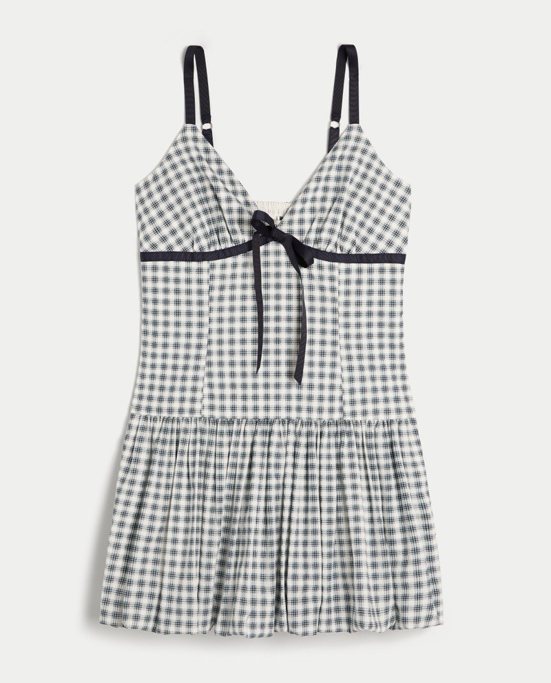 Hollister Black & White Plaid Sleeveless Romper V-Neck Bow Adjustable Strap S