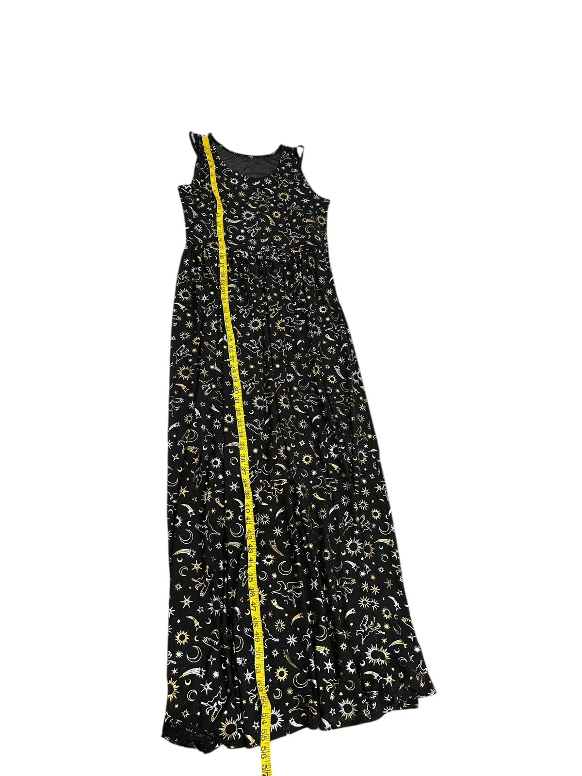 Cosmic Aura Astrology Celestial Stars Moon Foil Mesh Maxi Dress Sz M Black Gold