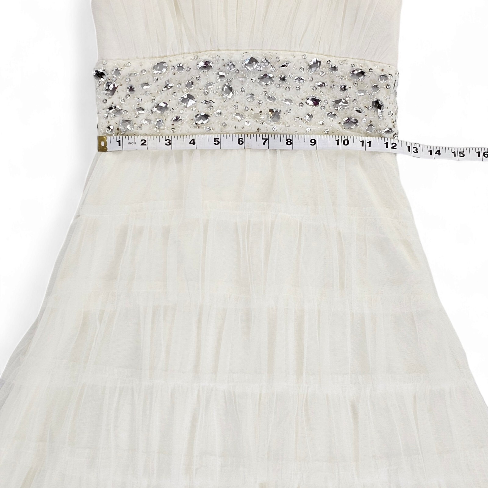 B. Darlin Dress Prom Formal Strapless Ivory Tiered Tulle Rhinestone Size 5/6