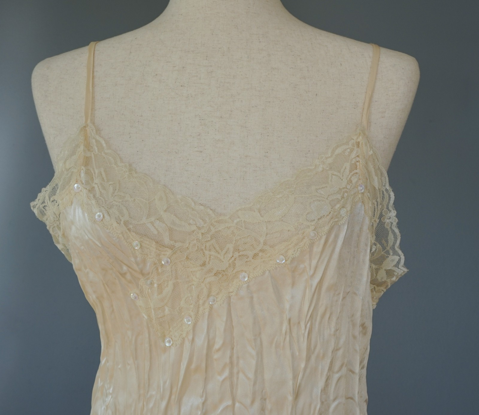 VTG 90s One Step Up Lace Slip Crinkle Dress Cami Top L Whimsigoth Fairy Coquette