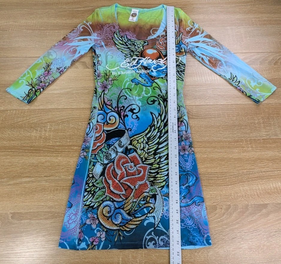 VTG Ed Hardy Christian Audigier Rhinestone Dress Medium Y2K Rose Tattoo Graphic