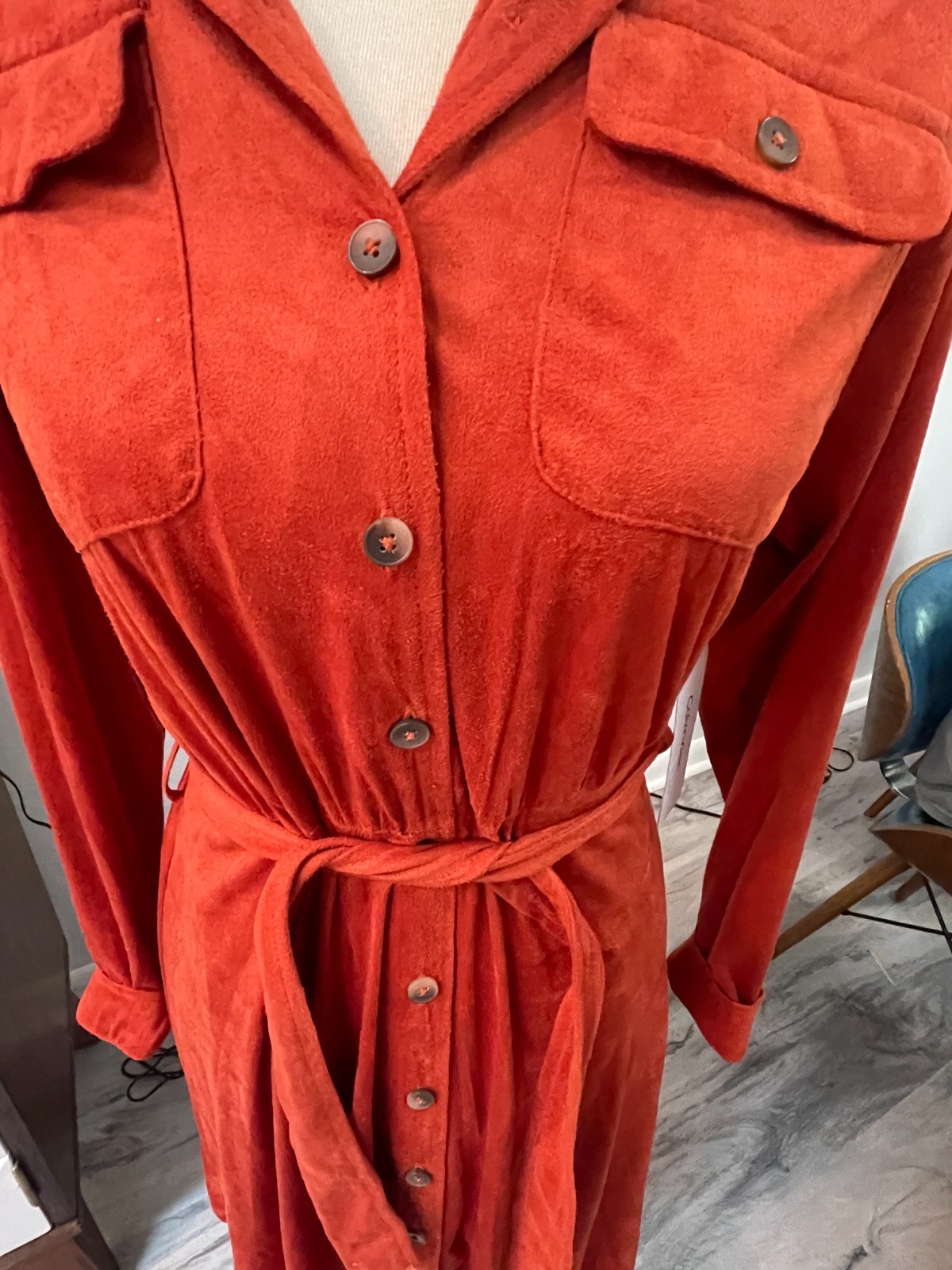 NWT Calvin Klein burnt orange/rust suede style collared dress w/belt, sz 6