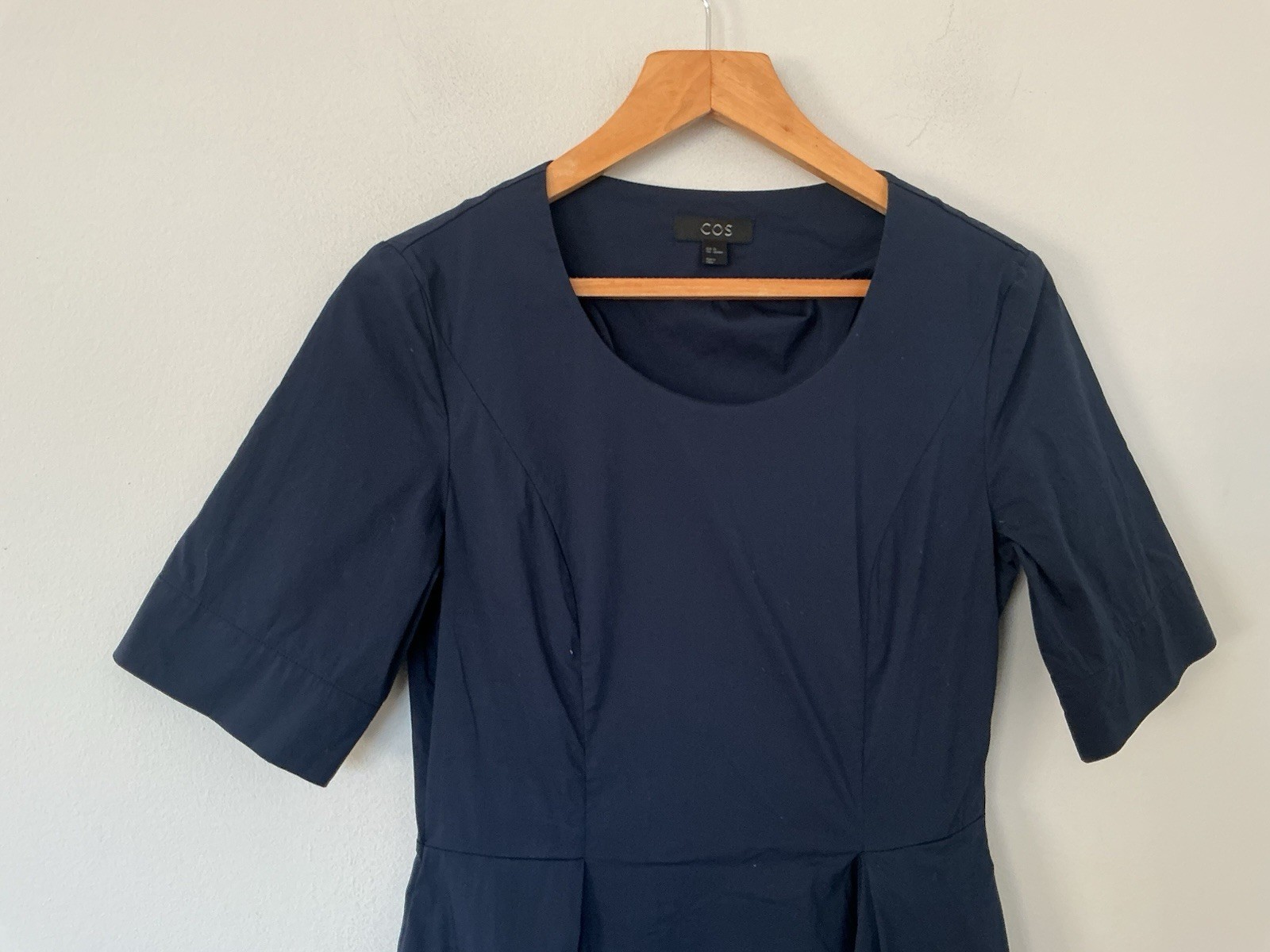 COS Size Small Navy Blue Cotton Mix Skater Dress Short Sleeves Pleated Flare
