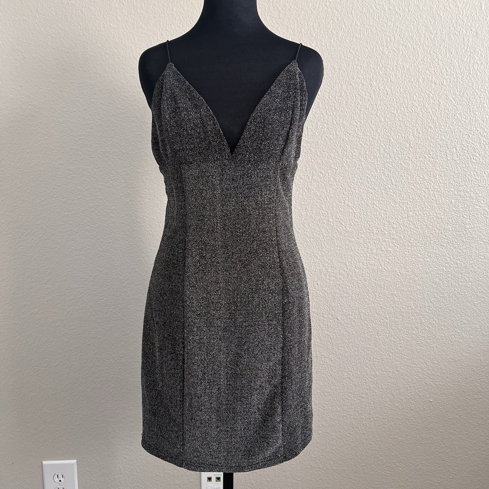 Women’s Large Mini Dress Black Silver Glitter Club Wear Bodycon Glam