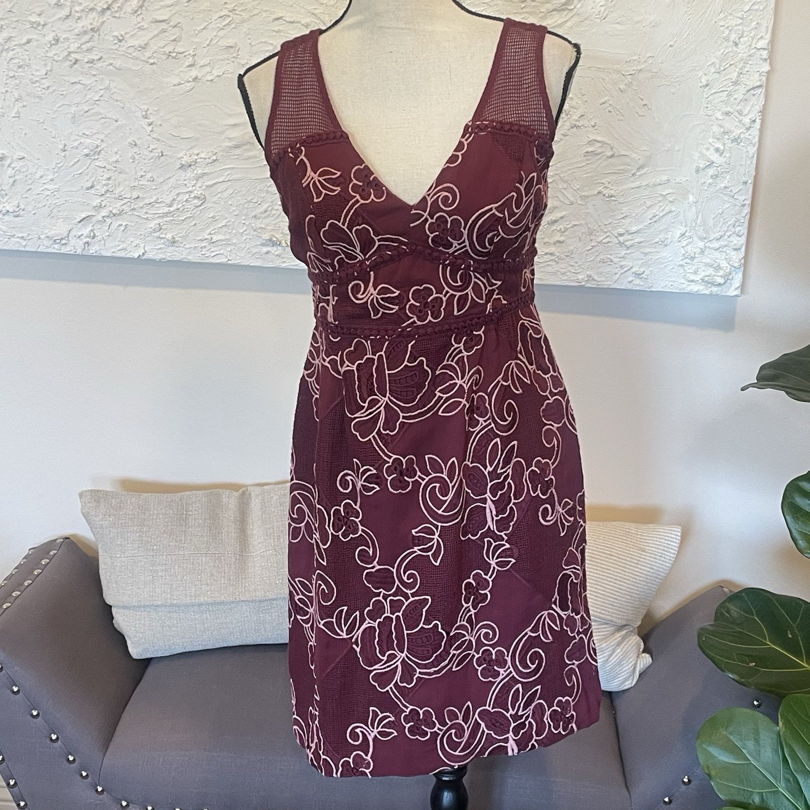 Moulinette Soeurs Ariana Lace Embroidered Sheath Dress Burgundy Pink Sz 6P NWT