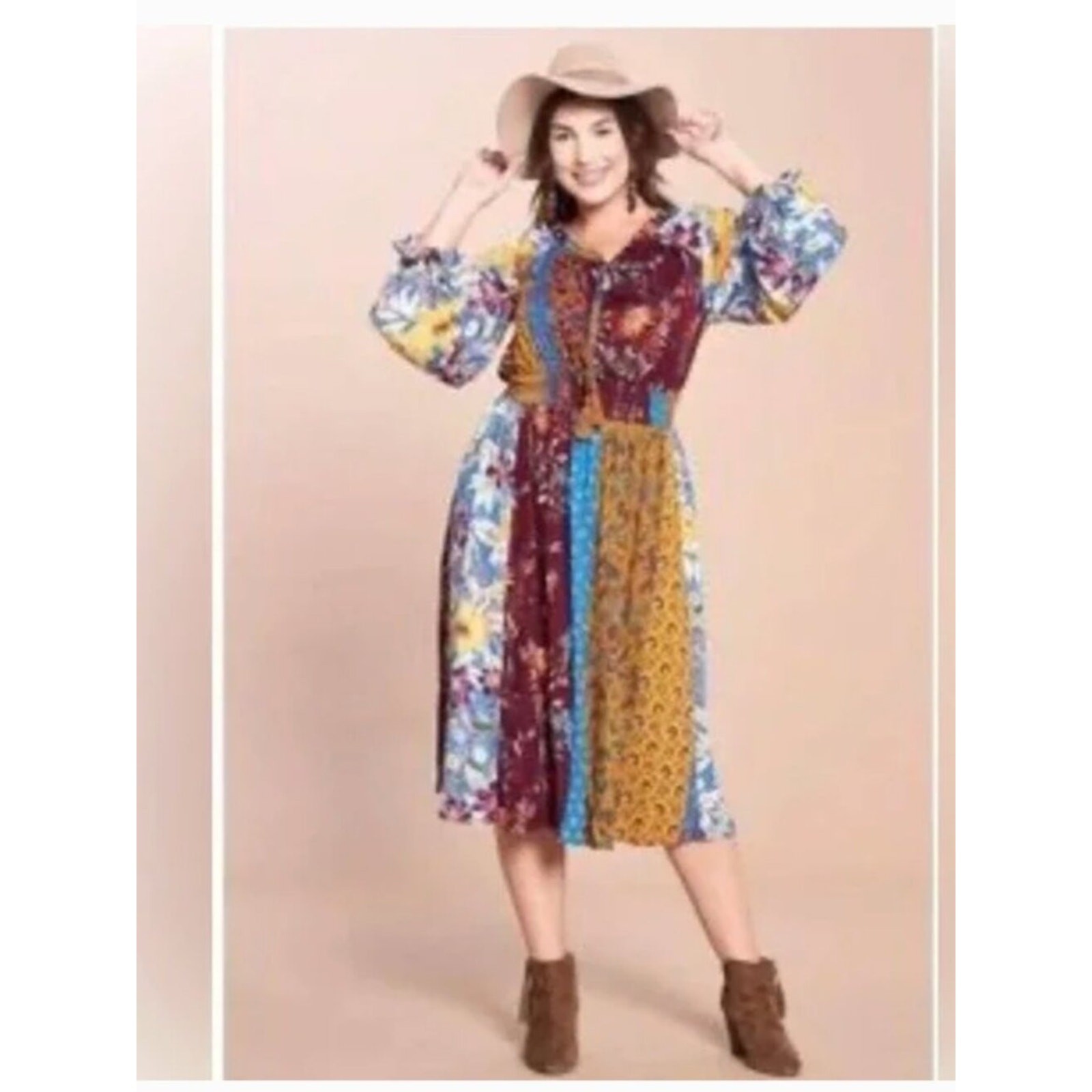 ODDY Bohemian Patchwork Peasant Mix Print Dress size medium