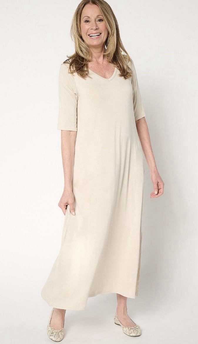 Belle by Kim Gravel Elbow Sleeve Maxi Dress Petite Size SP Sand Bar A683742