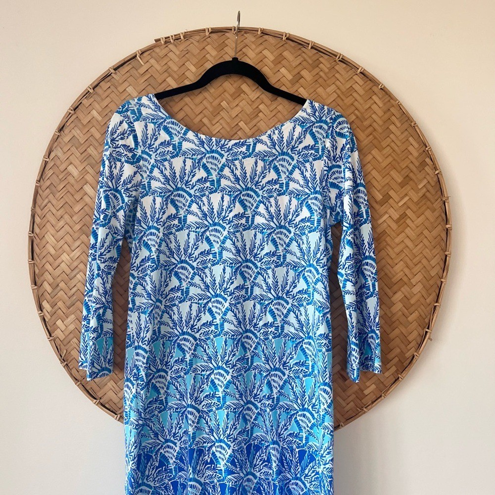 WOMEN’S LILY PULITZER TROPICAL PALM TREE VACATION BAY DRESS IN WHISPER BLUE