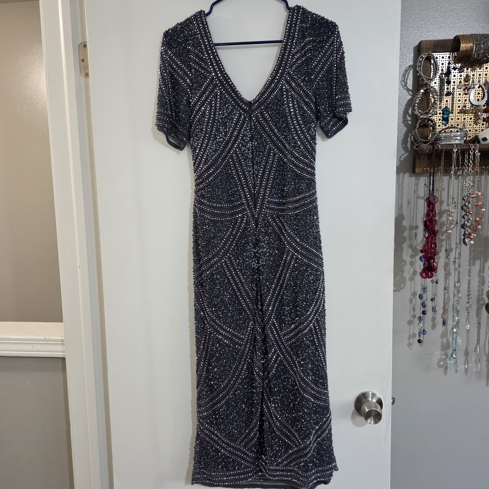 Pisarro Nights Size 8 Beaded Short Sleeve Midi Dress Slate Blue NWOT