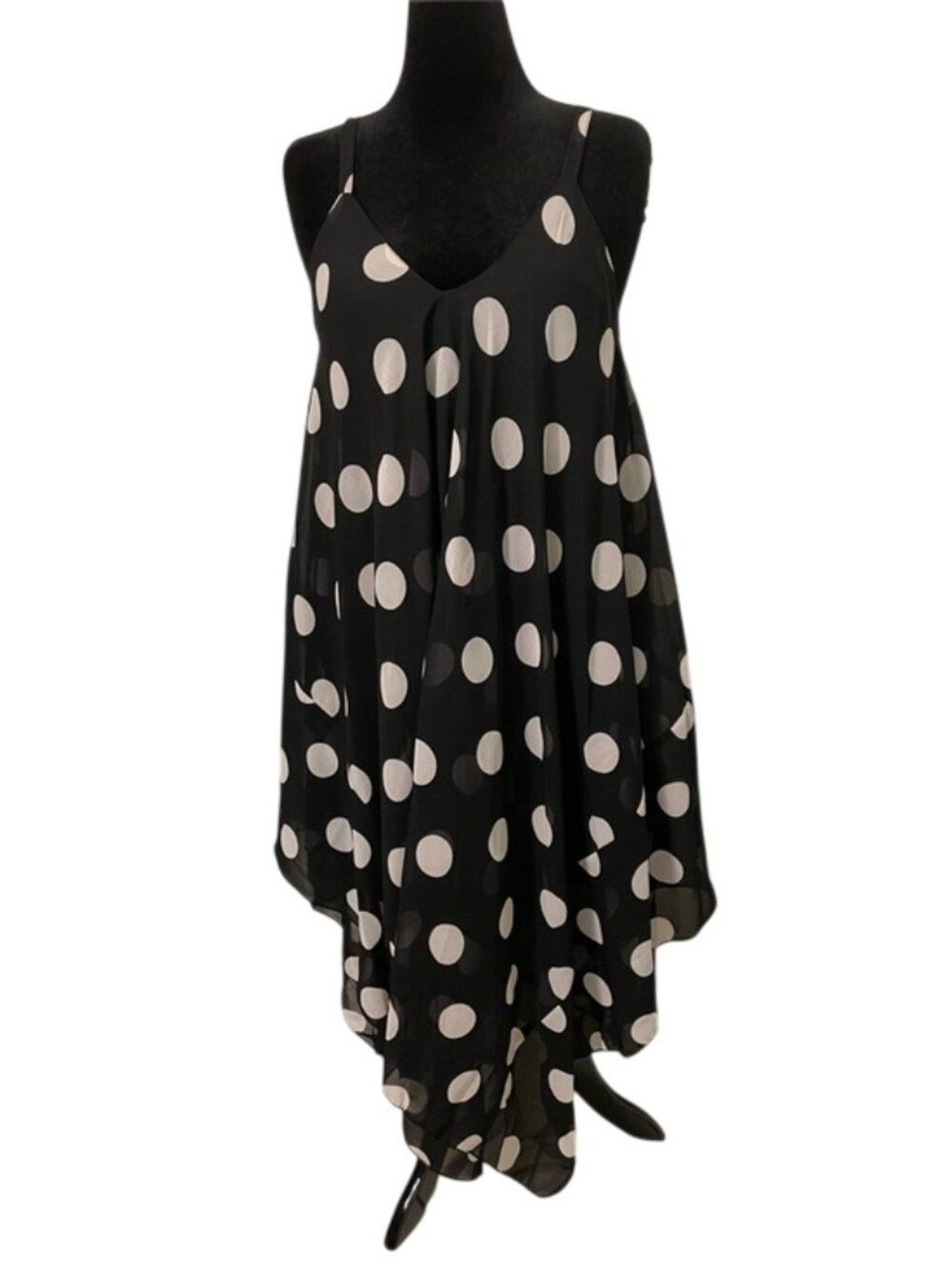 Mlle Gabrielle Dress L NWT Black & White Polka Dot Chiffon Hanky Hem Cami Midi