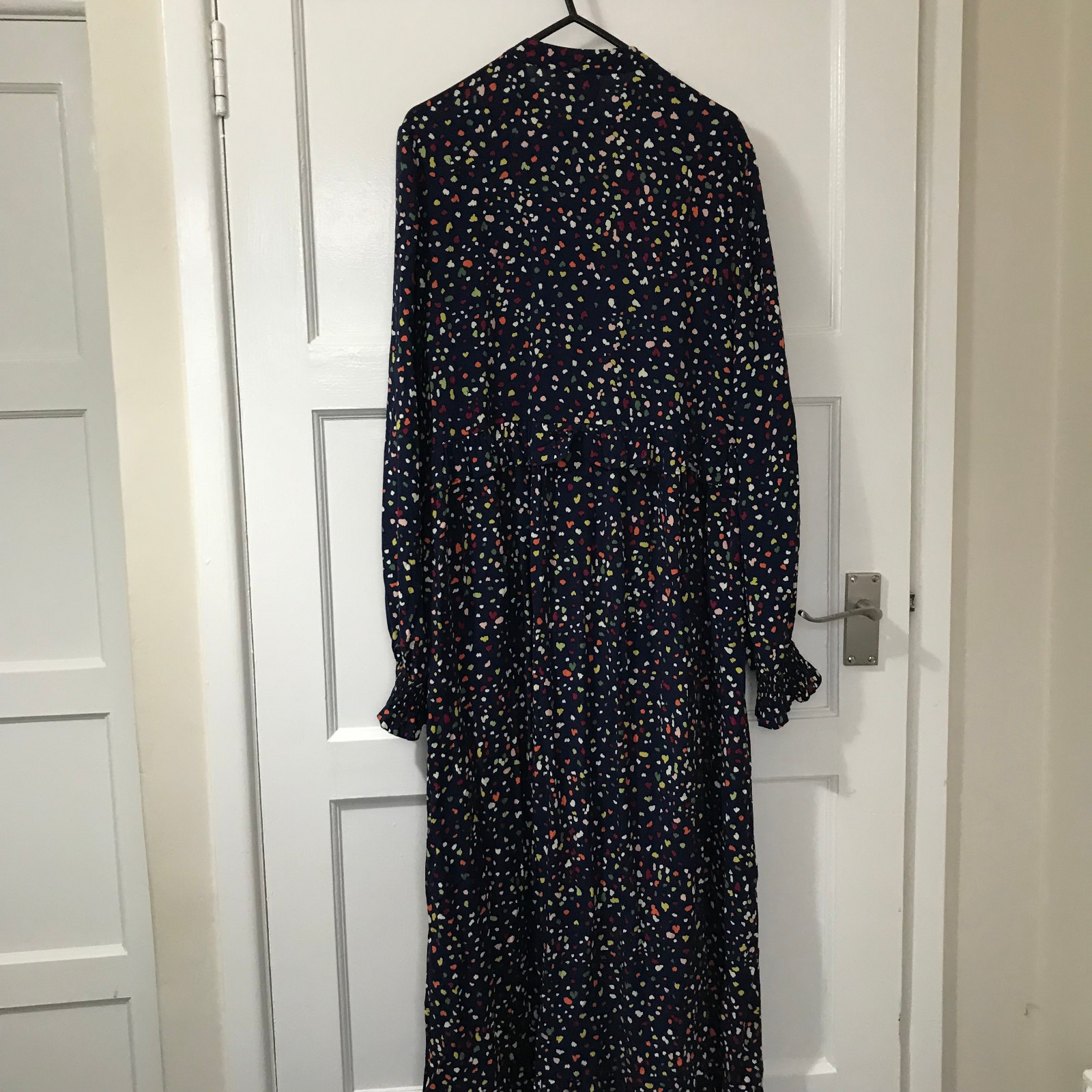 Feather Bone Midi Dress Womens Size XS 8 Navy Blue Spotty Long Sleeve Ruffle