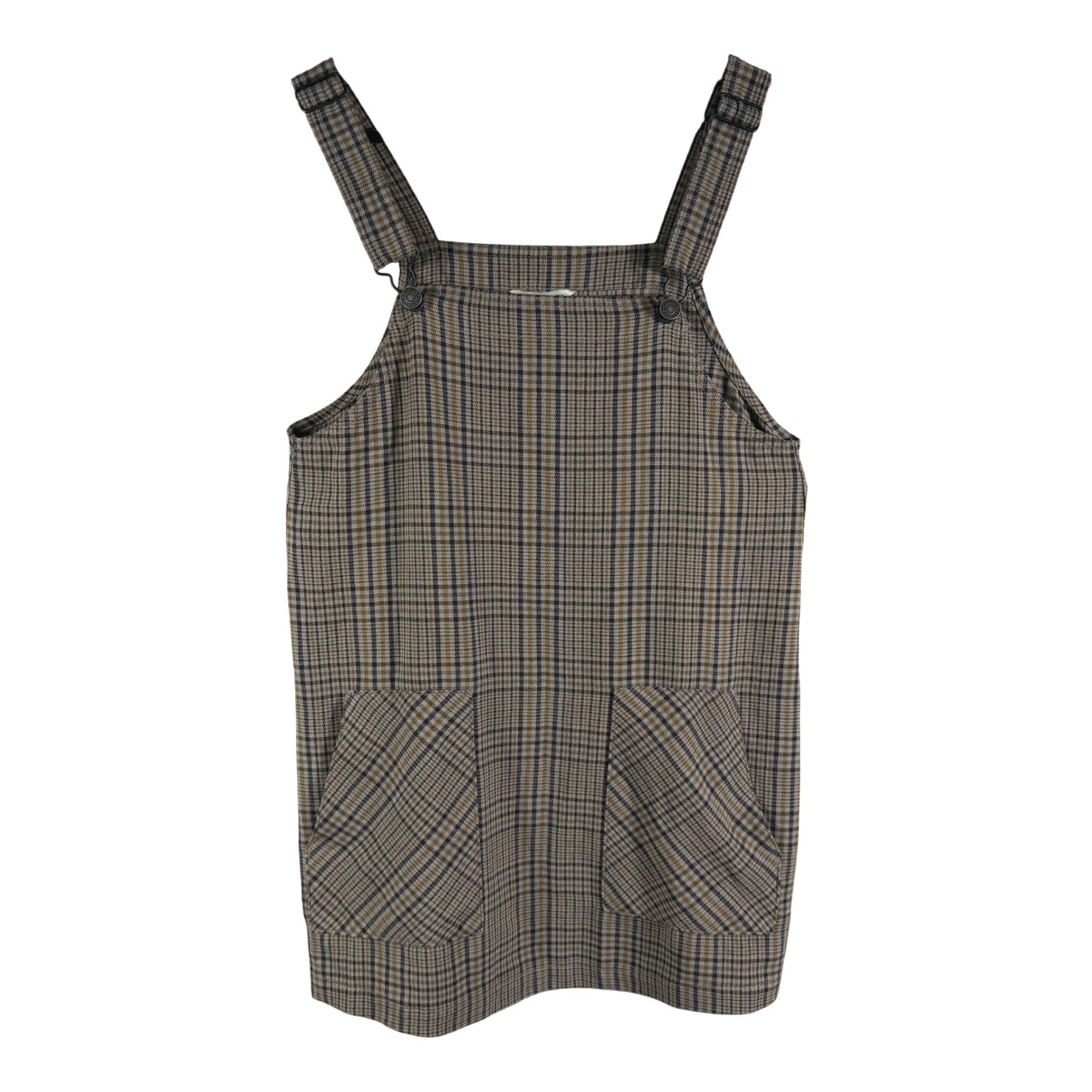 American Eagle Plaid Pinafore Dress M Brown Check Button Strap Mini Dress