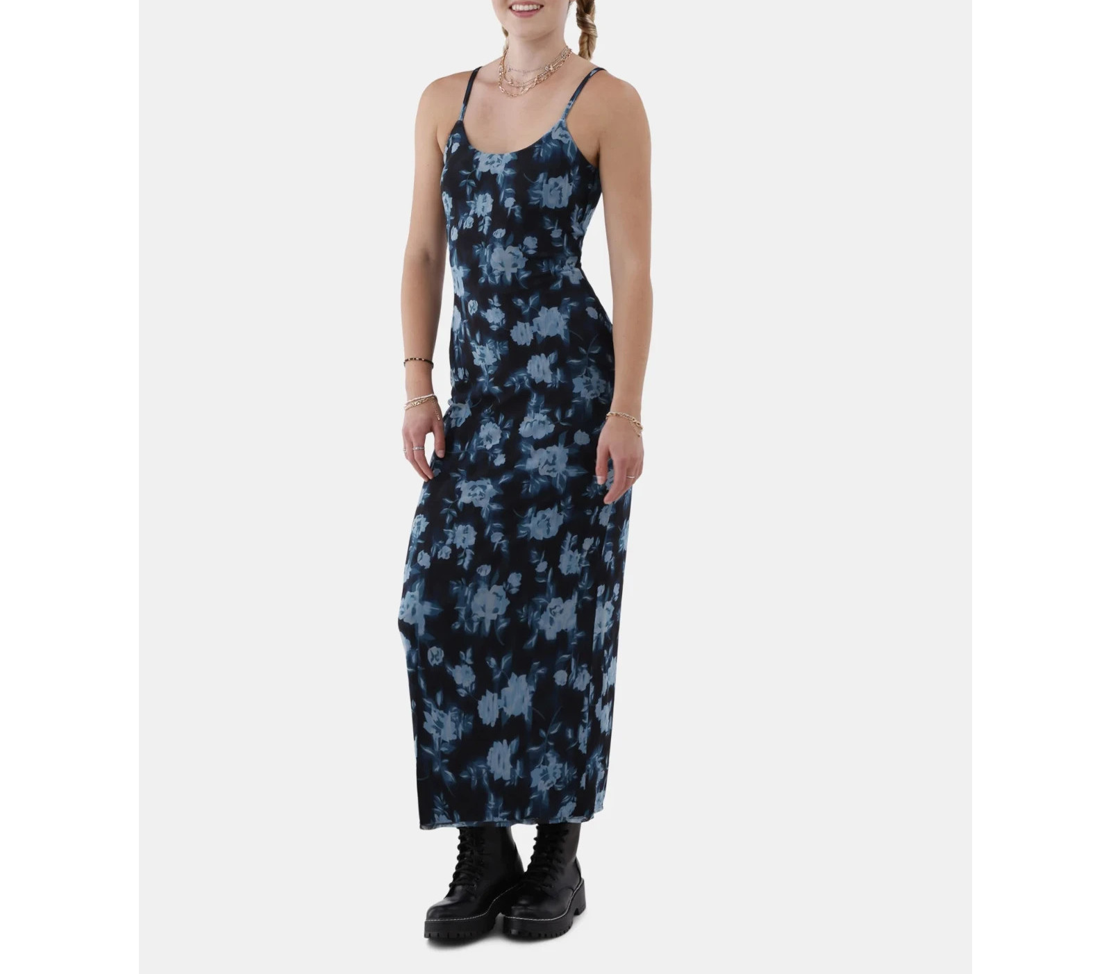 No Boundaries Womens Dress Size L 12-14 Floral Mesh Maxi Gem Slate Vacation Fest