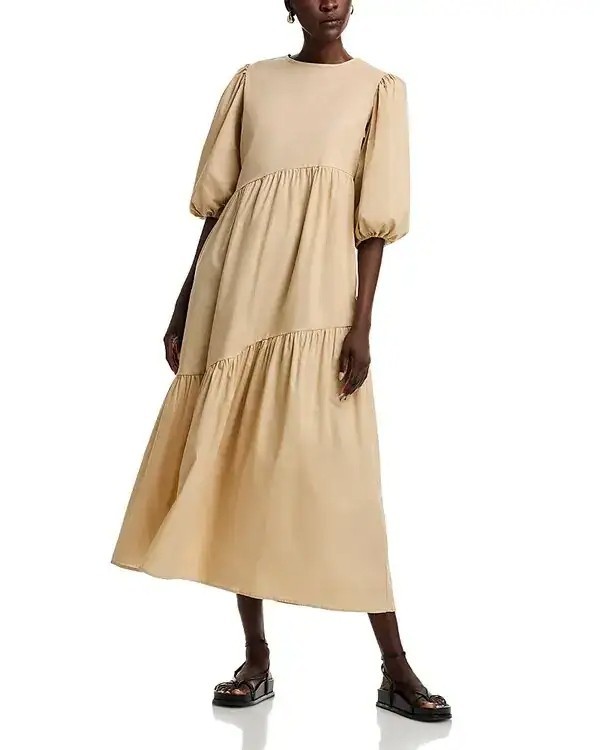 275$ THE LULO PROJECT Pleated Armenia Midi Dress 3/4 Sleeve Size S Camel Brown