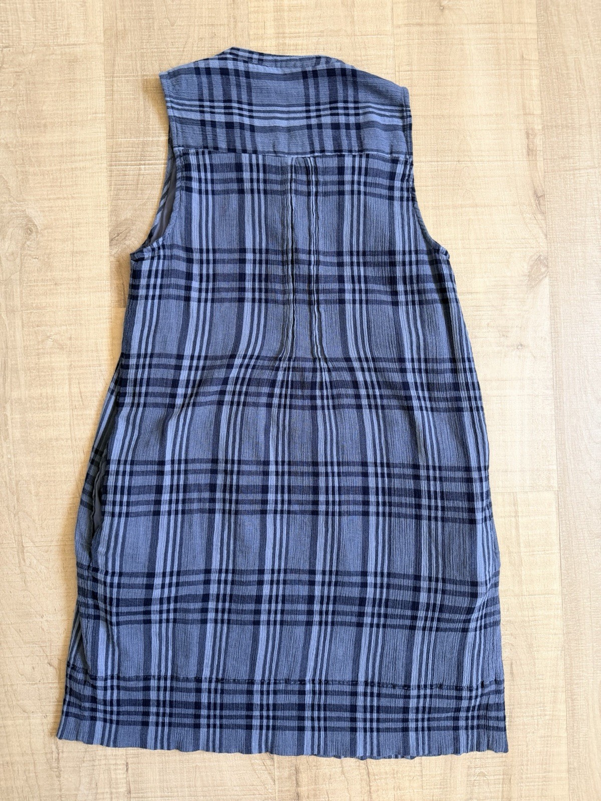 Faherty Blue Plaid Shift Dress Round Neck Button Front Organic Cotton Modal M