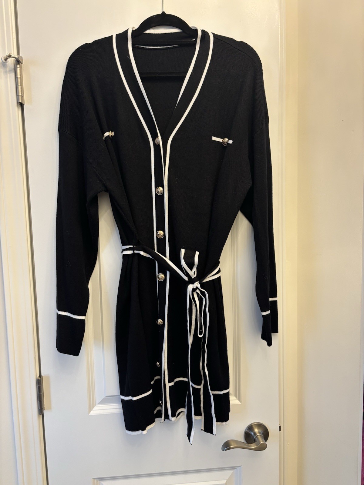 Women’s Long Sleeve Button Down Sweater Dress V Neck Open Front Color Block Knit