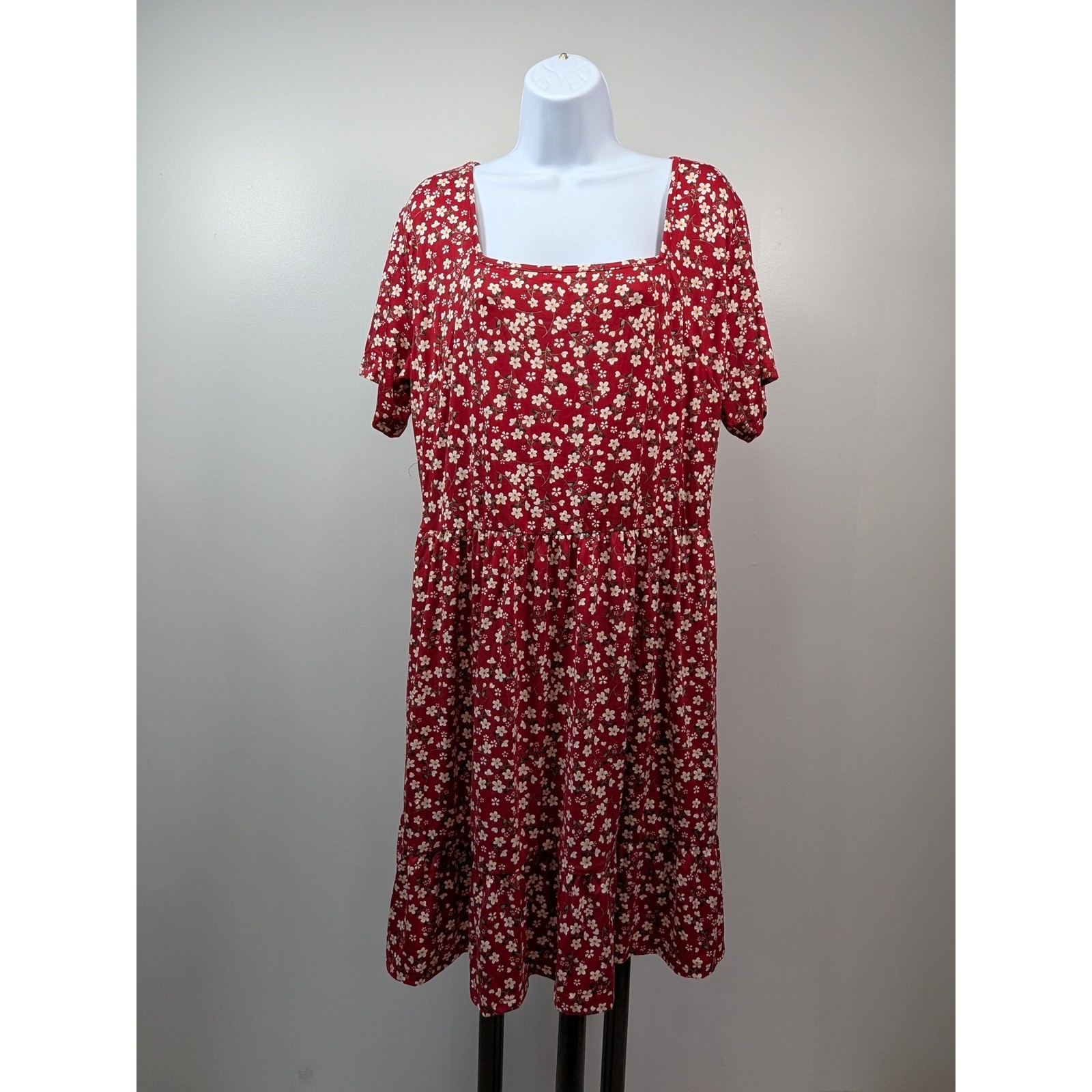 Auselily Red Floral Square Neck Babydoll Mini Dress Short Sleeve 2XL New