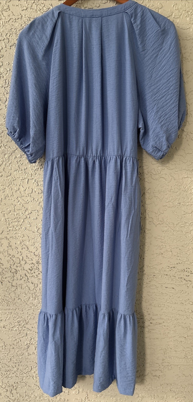 DKNY Light Blue Puff Sleeve Midi Dress Zip Front Tiered Peasant Small
