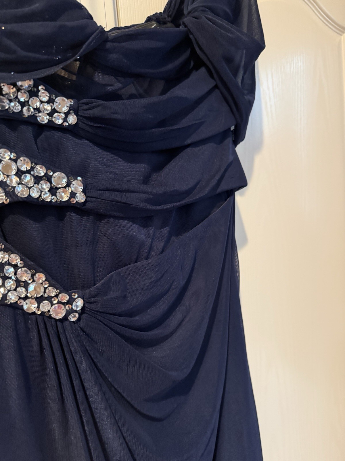 Xscape Navy Blue One Shoulder V-Neck Chiffon Rhinestone Sheath Dress 12