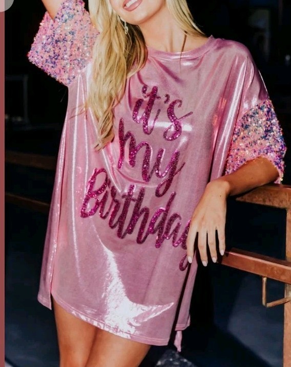 Women’s “Its My birthday” Pink Metallic Sequin T-shirt dress Small Oversized