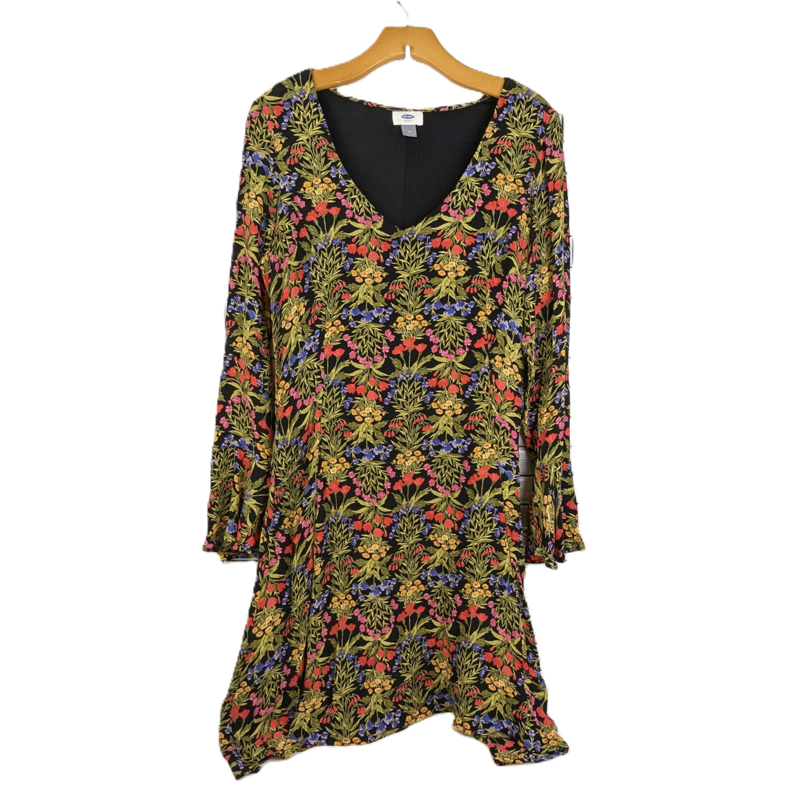 Old Navy Dress Womens 10 Black Colorful Floral Bell Sleeves Lined Above the Knee