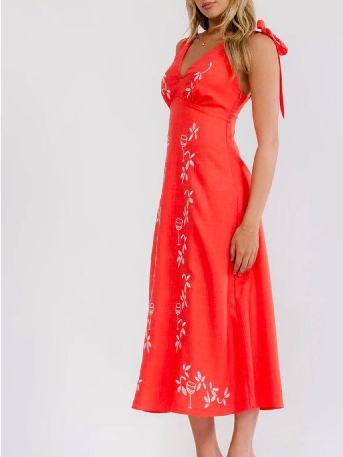 0287. Coral Embroidered V-Neck Midi Dress