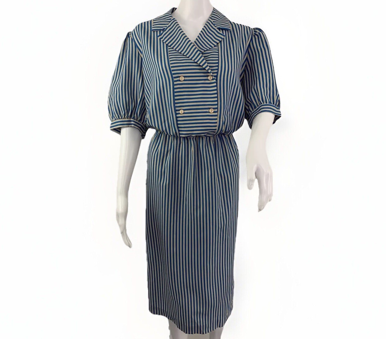 VINTAGE JOAN CURTIS Dress Size 12 Midi 60s70s Silky Stripe Blue Beige PuffSleeve