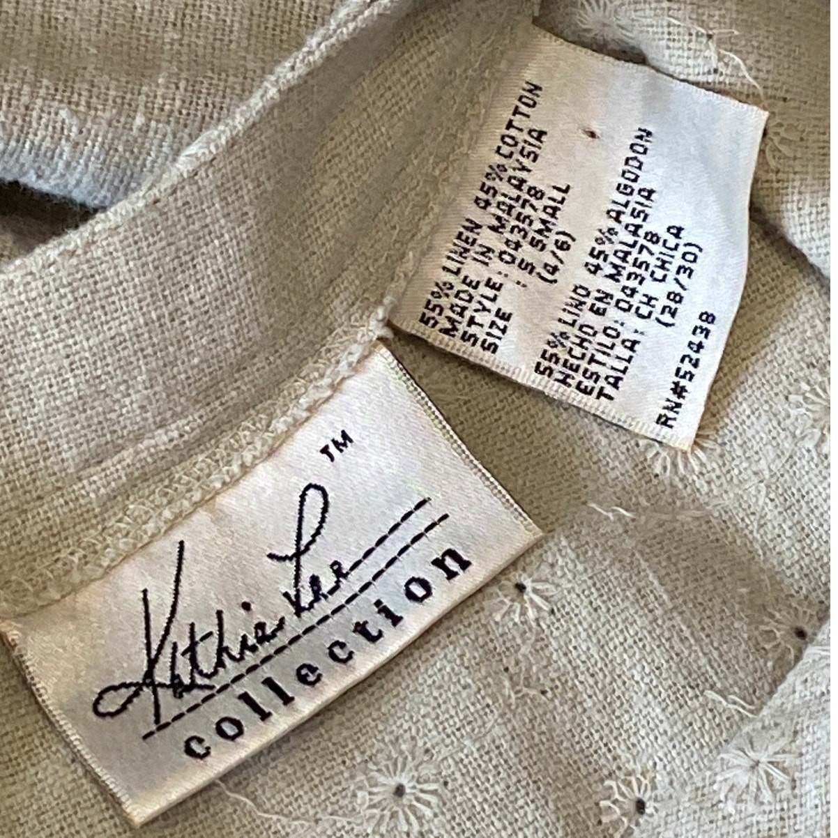 Vintage Kathie Lee Collection Linen Blend Eyelet Midi Dress Beige Small 90s Boho