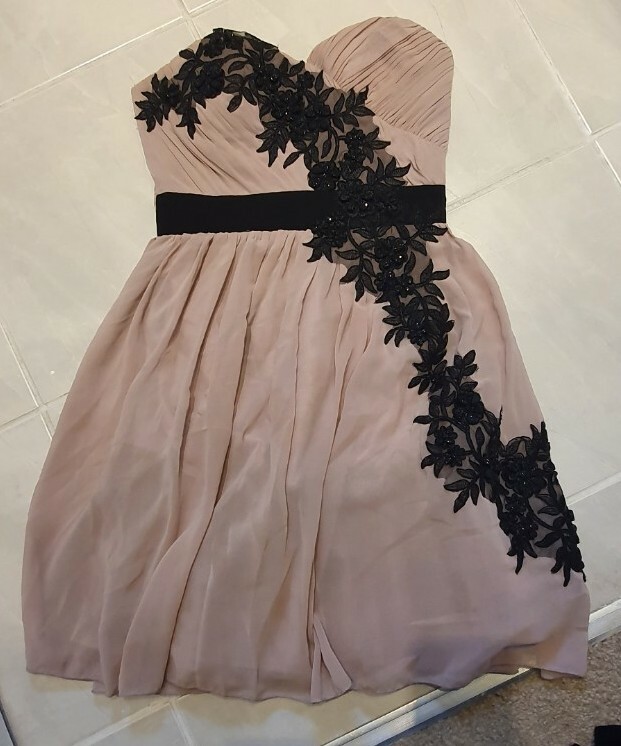 Little Mistress Dusty Pink/Black Flower Embroidered Strapless Dress Size 8
