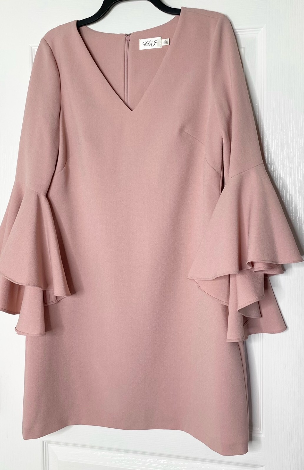 ELIZA J Pink Blush Ruffle V-Neck 3/4 Bell Sleeve Crepe Shift Sheath Dress 10 US