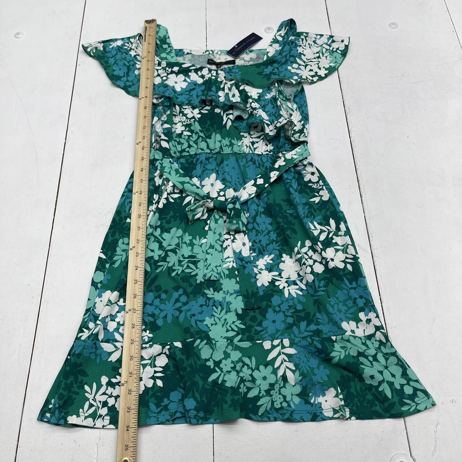 Adrienne Vittadini Green Floral Cold Shoulder Tie Waist Dress Women’s Small New