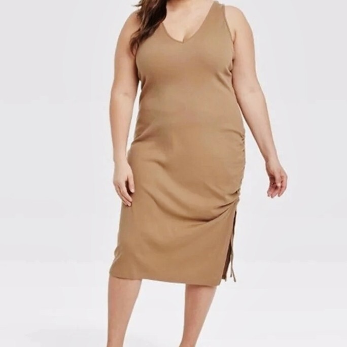 A New Day Womens Sleeveless Lt Brown Ruched Stretched Knit Dress 1X NEW/TAG