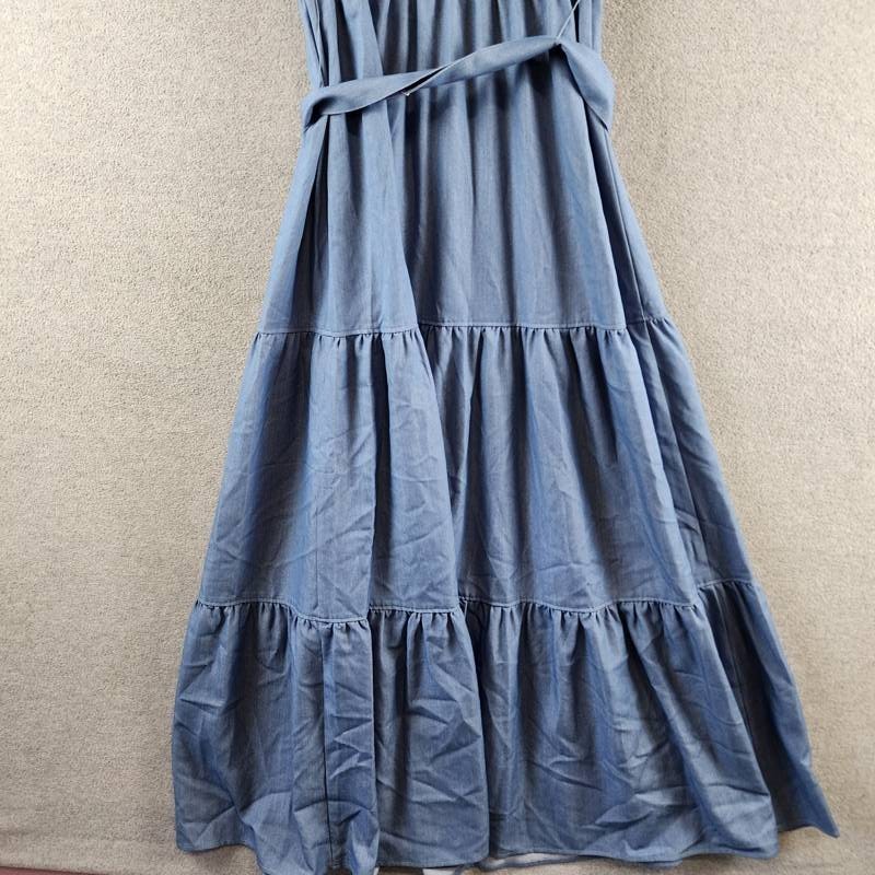 T Tahari Tiered Fit & Flare Halter Maxi Dress Womens M Denim Belted Button Strap